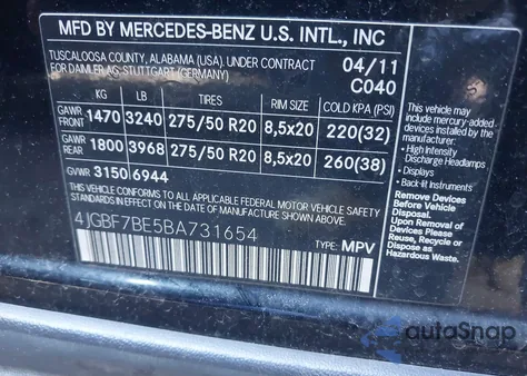 2011 Mercedes-Benz Gl 450 4Matic из США, поврежденный, VIN 4JGBF7BE5BA731654